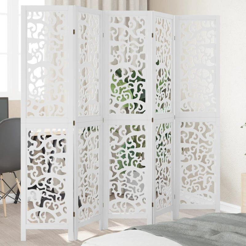 Room Divider 5 Panels White Solid Wood Paulownia