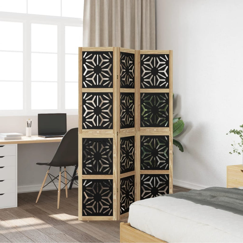 Room Divider 3 Panels Brown and Black Solid Wood Paulownia