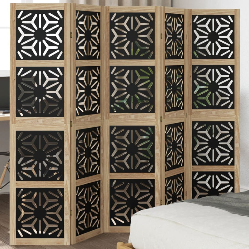 Room Divider 5 Panels Brown and Black Solid Wood Paulownia