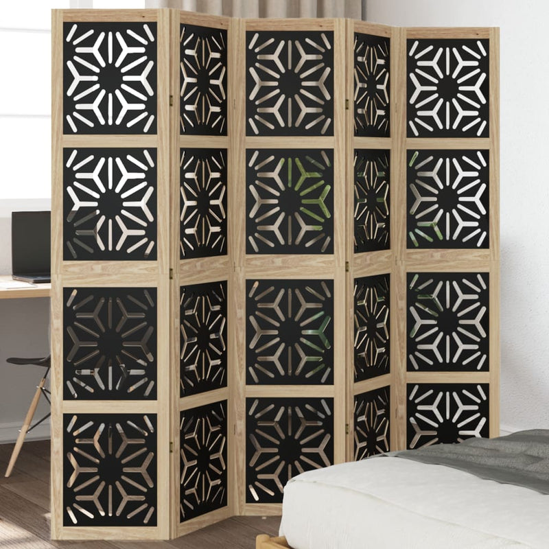 Room Divider 5 Panels Brown and Black Solid Wood Paulownia