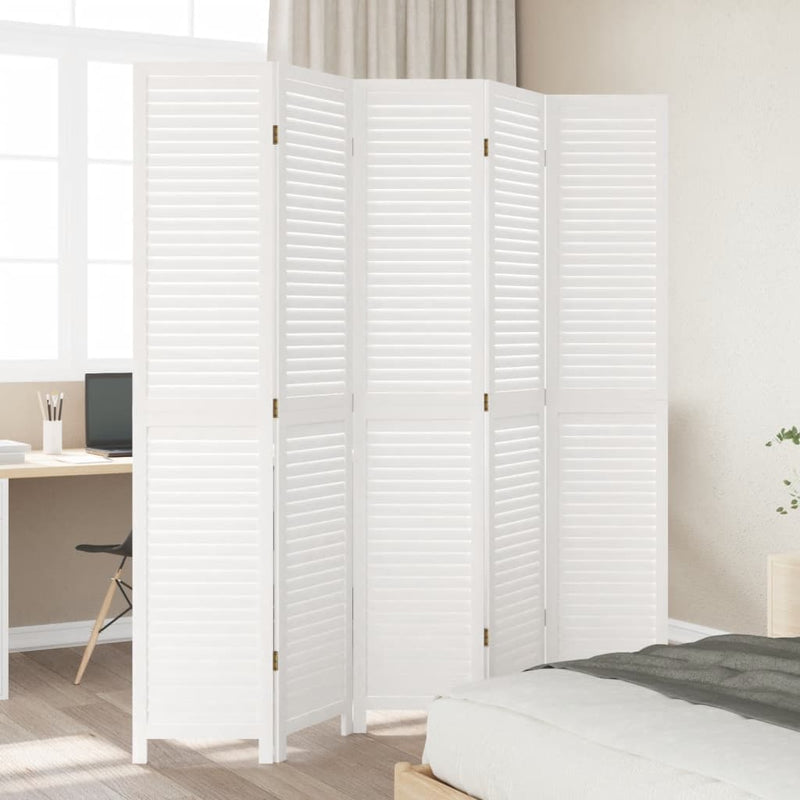 Room Divider 5 Panels White Solid Wood Paulownia