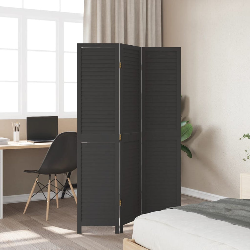 Room Divider 3 Panels Black Solid Wood Paulownia