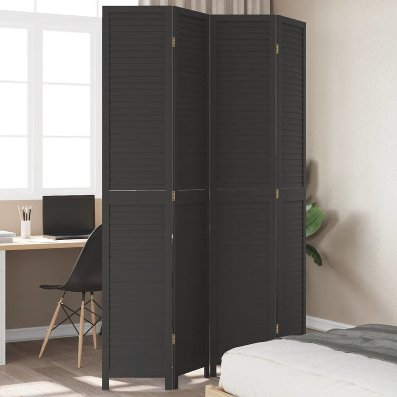 Room Divider 4 Panels Black Solid Wood Paulownia