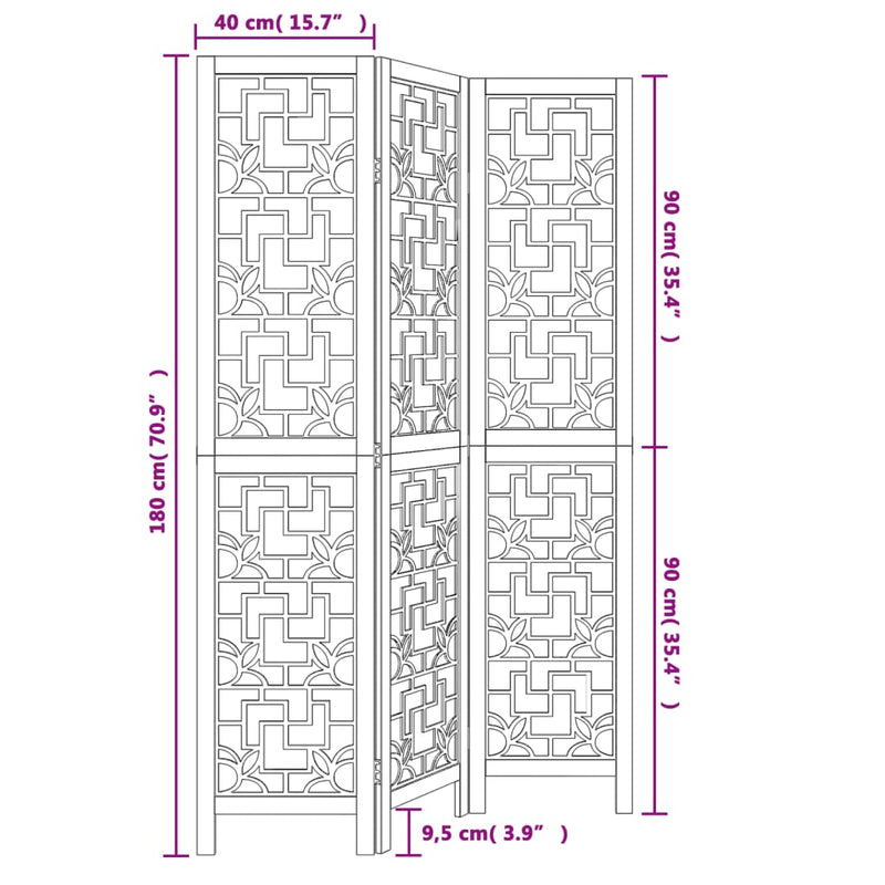 Room Divider 3 Panels Brown Solid Wood Paulownia