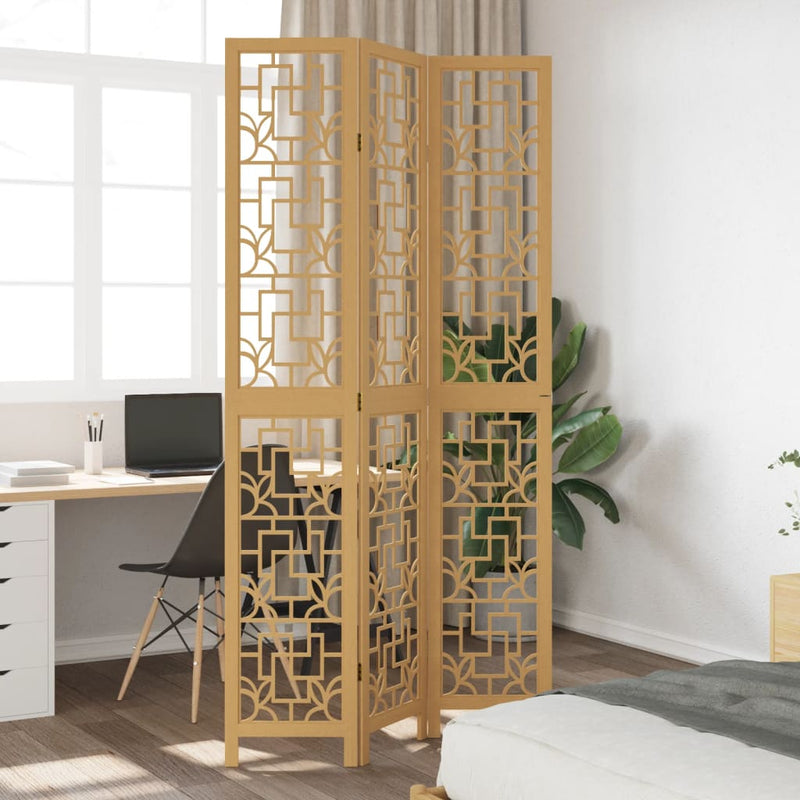 Room Divider 3 Panels Brown Solid Wood Paulownia