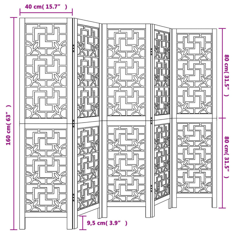 Room Divider 5 Panels Brown Solid Wood Paulownia