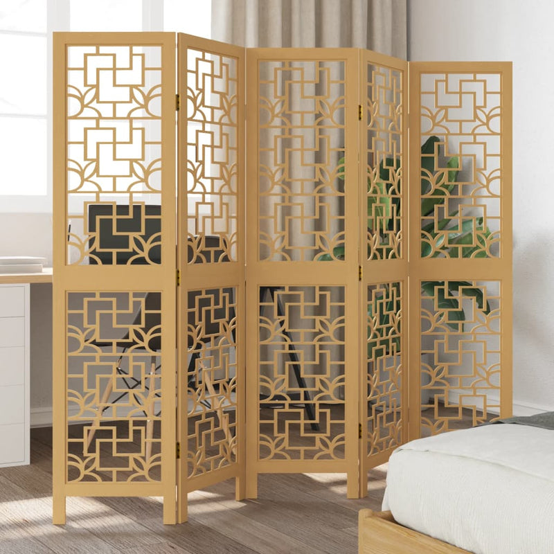 Room Divider 5 Panels Brown Solid Wood Paulownia