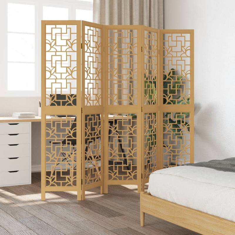 Room Divider 5 Panels Brown Solid Wood Paulownia