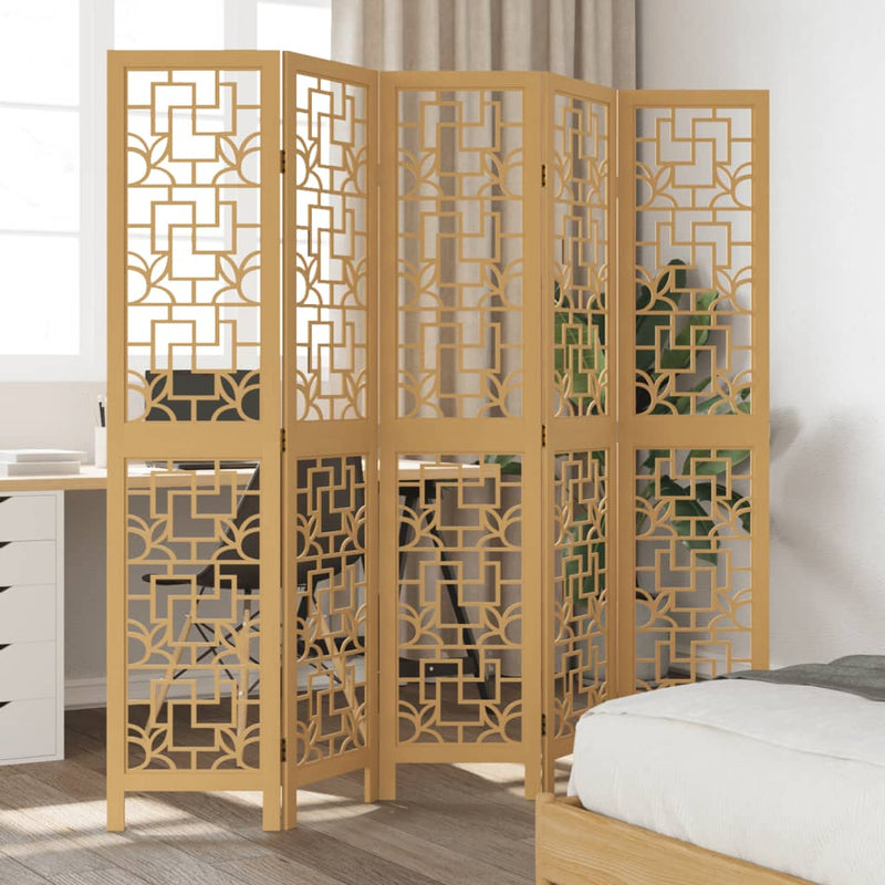 Room Divider 5 Panels Brown Solid Wood Paulownia