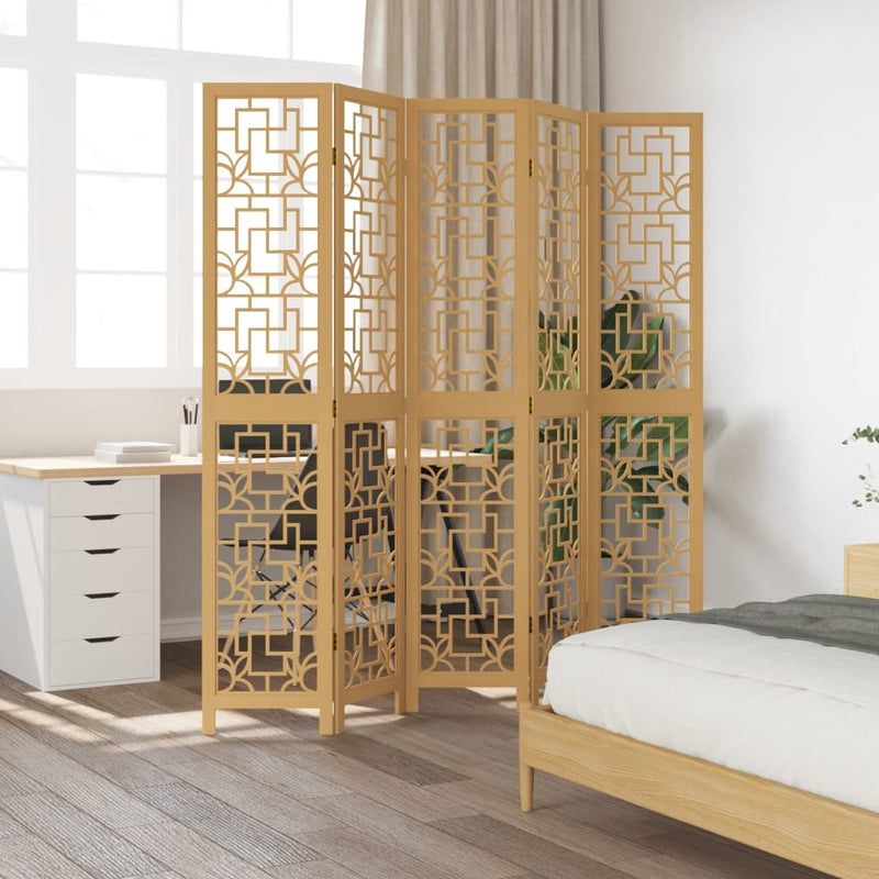 Room Divider 5 Panels Brown Solid Wood Paulownia