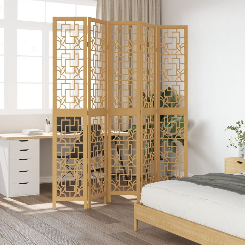 Room Divider 5 Panels Brown Solid Wood Paulownia