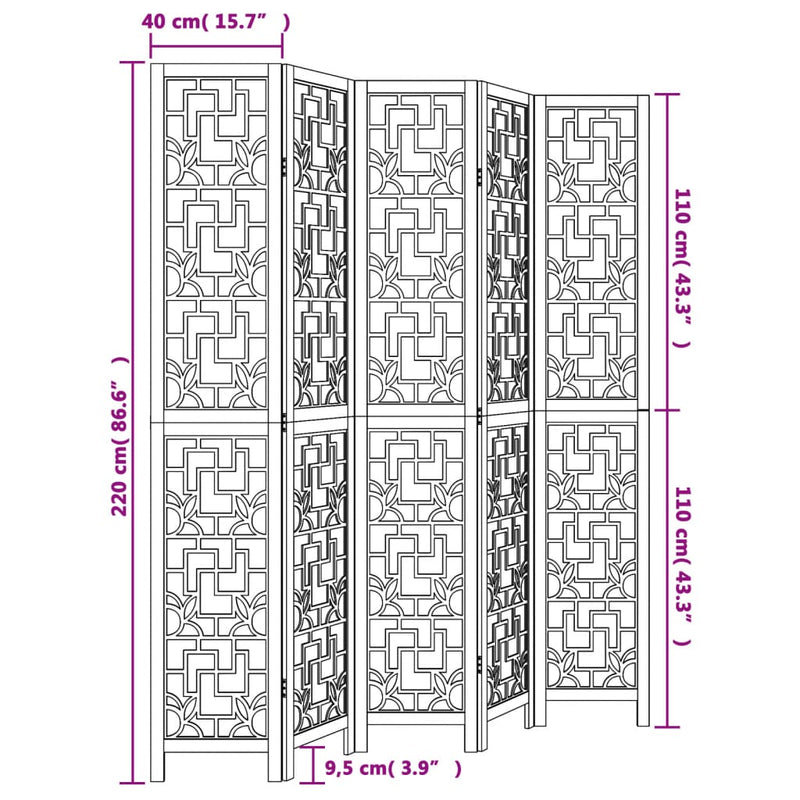 Room Divider 5 Panels Brown Solid Wood Paulownia