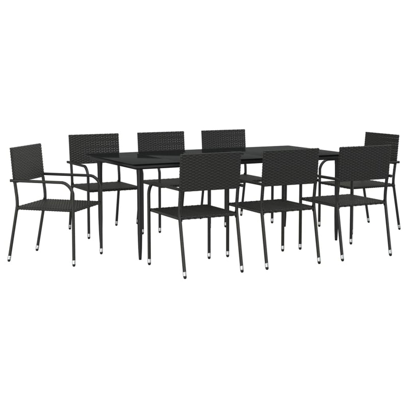 9 Piece Garden Dining Set Black Poly Rattan and Steel