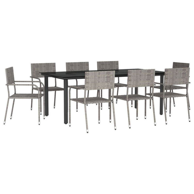 9 Piece Garden Dining Set Grey and Black Poly Rattan and Steel