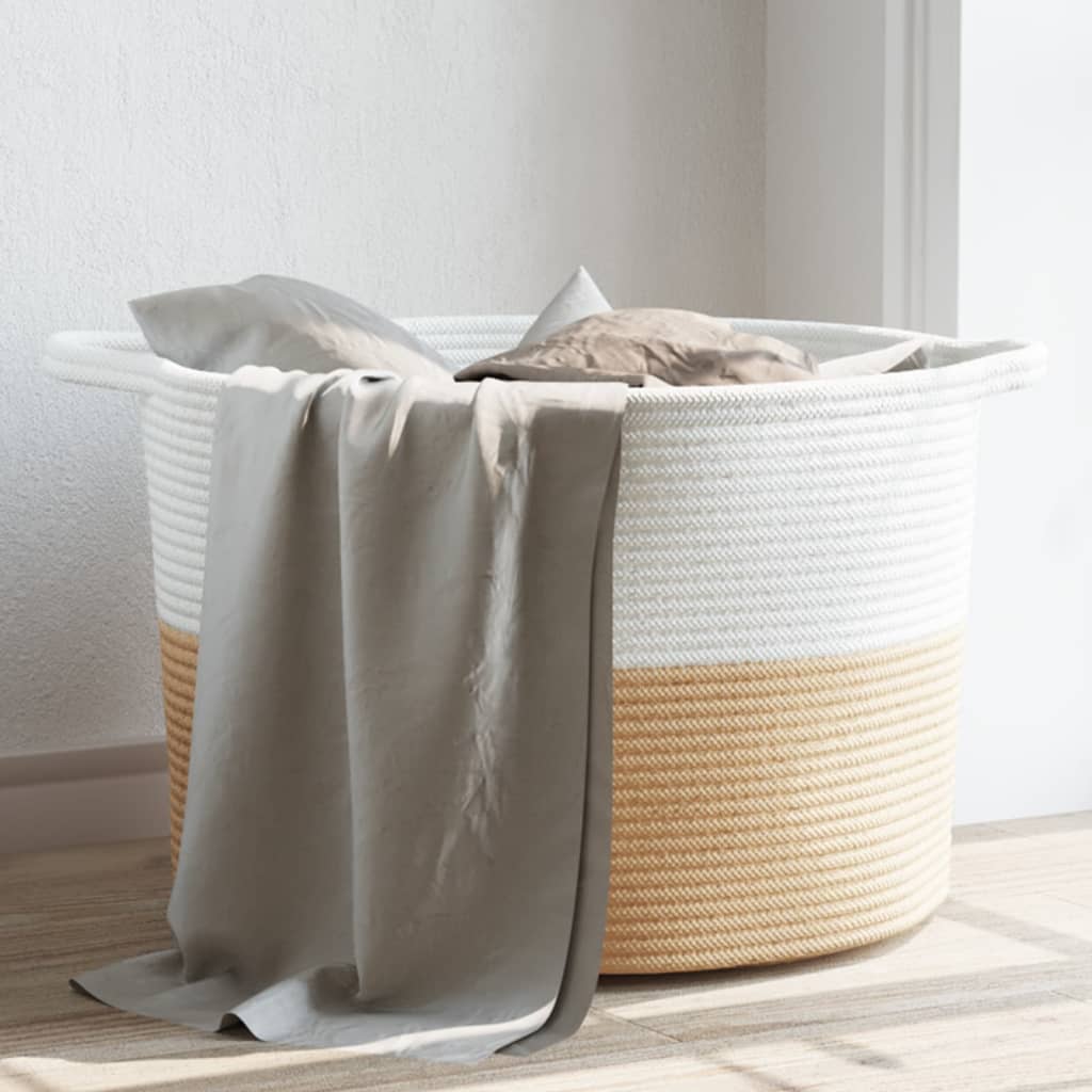 vidaXL Laundry Basket Beige and White Ø55x36 cm Cotton 1