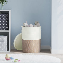 Storage Basket with Lid and Beige Ø37x50 Cotton Brown