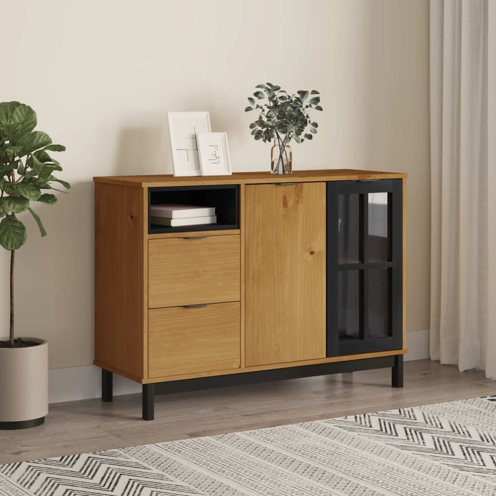 vidaXL Sideboard with Glass Door "FLAM" 110x40x80 cm Solid Wood Pine 1