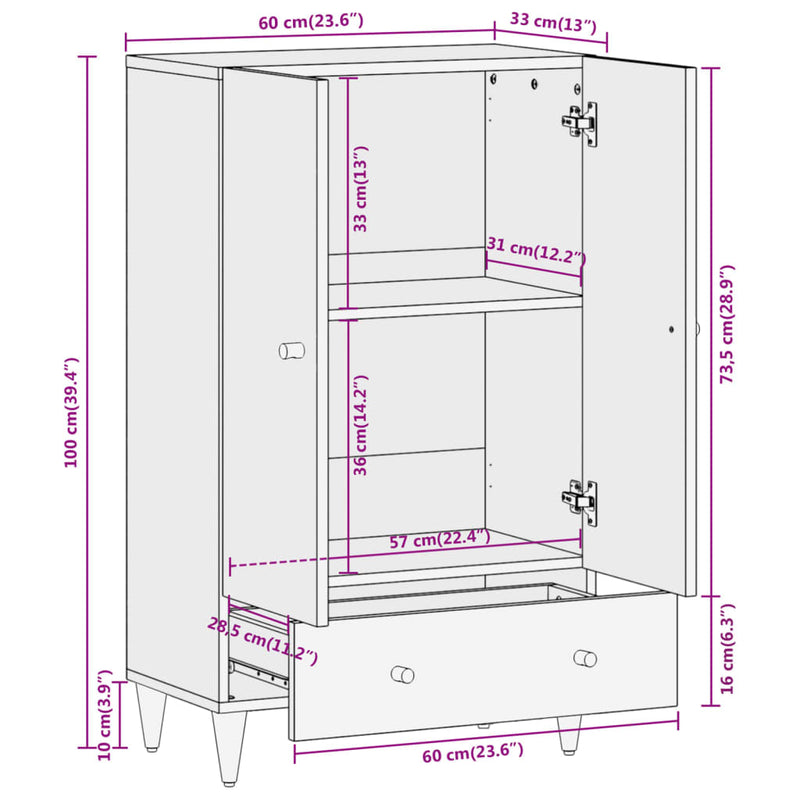 Highboard 60x33x100 cm Solid Wood Mango