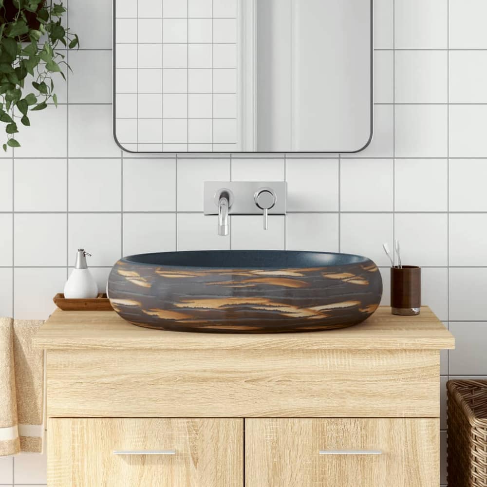 Countertop Basin Oval 59x40x15 cm Ceramic Blue and brown