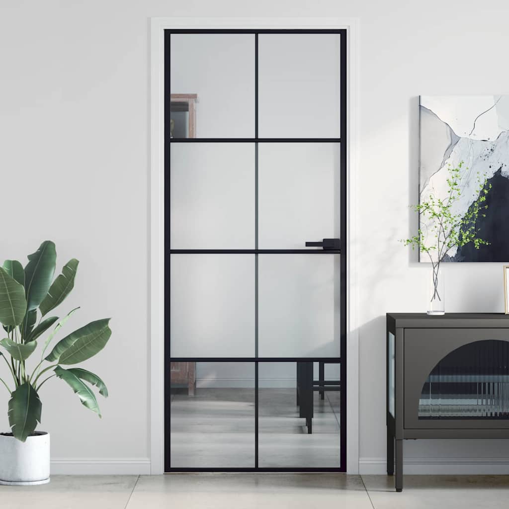 Interior Door Slim Black 83x201.5 cm Tempered Glass&Aluminium 4x2 Grids Black & transparent & matt