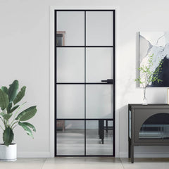 Interior Door Slim Black 83x201.5 cm Tempered Glass&Aluminium 4x2 Grids Black & transparent & matt