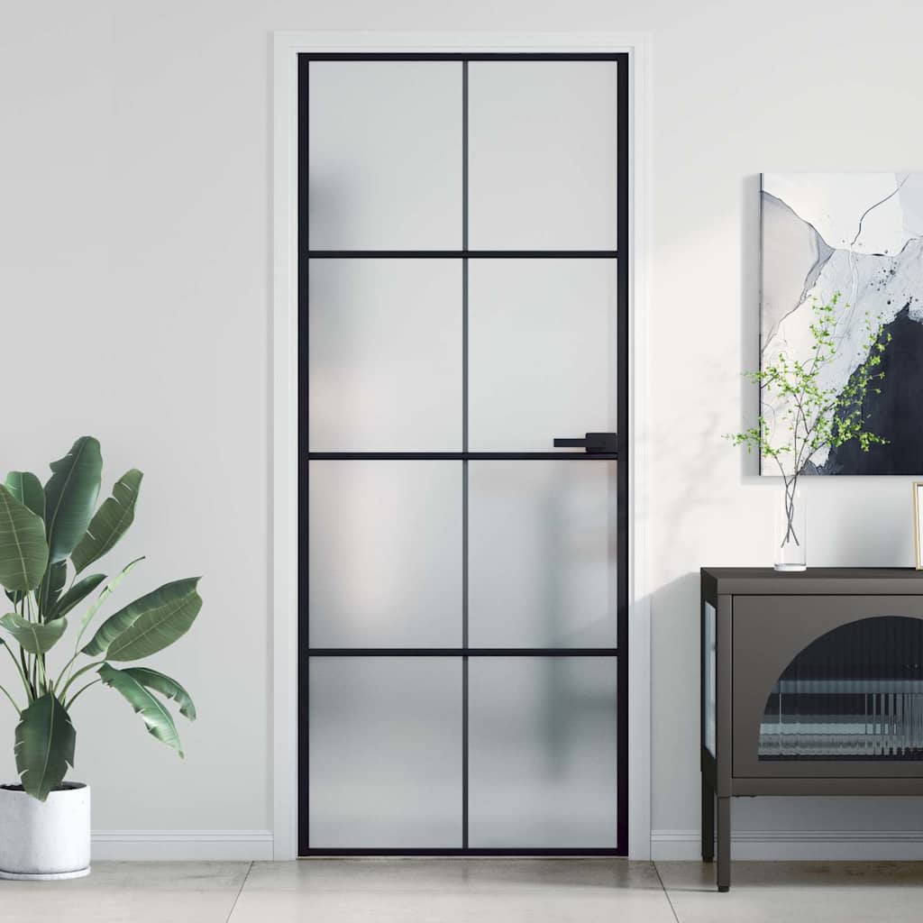 Interior Door Slim Black 83x201.5 cm Tempered Glass&Aluminium 4x2 Grids Black and matt