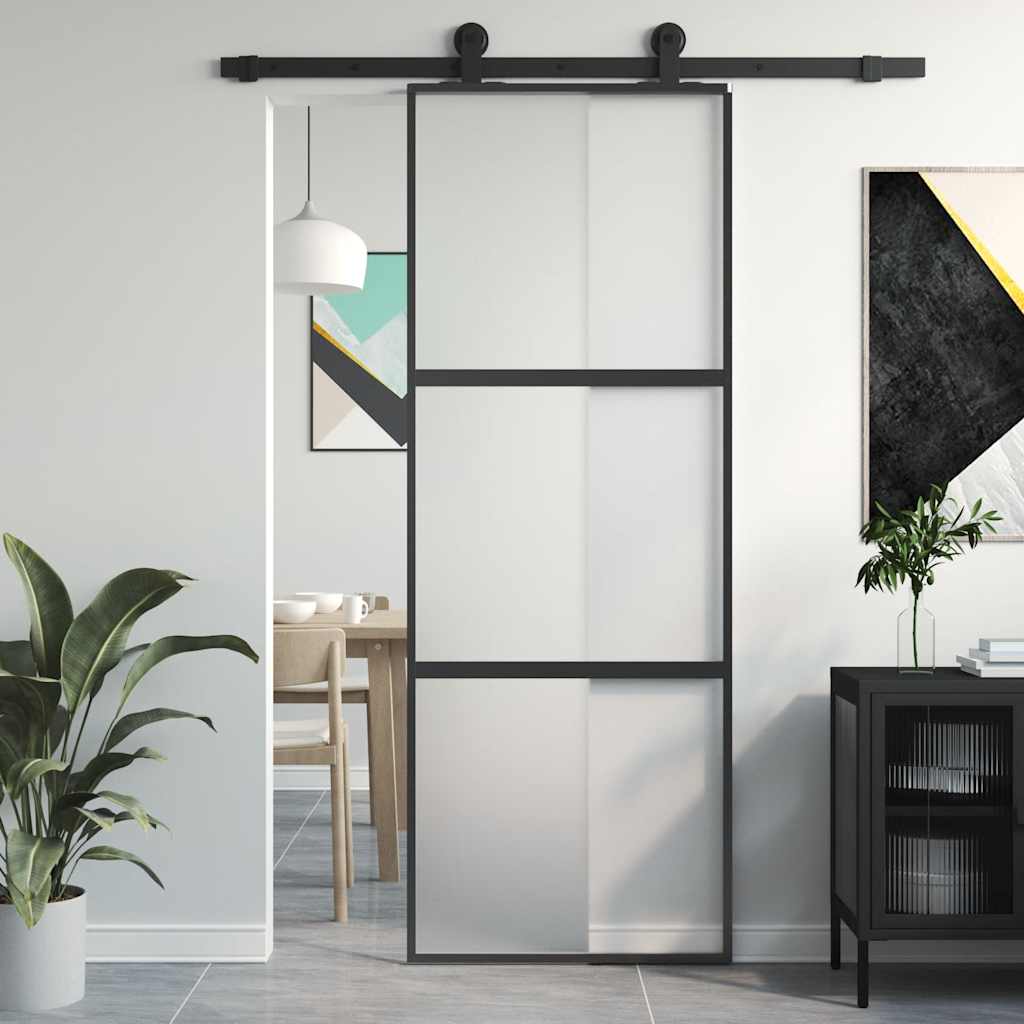 Sliding Door 76x205 cm Clear ESG Glass and Aluminium Black and matt 2 horizontal bars