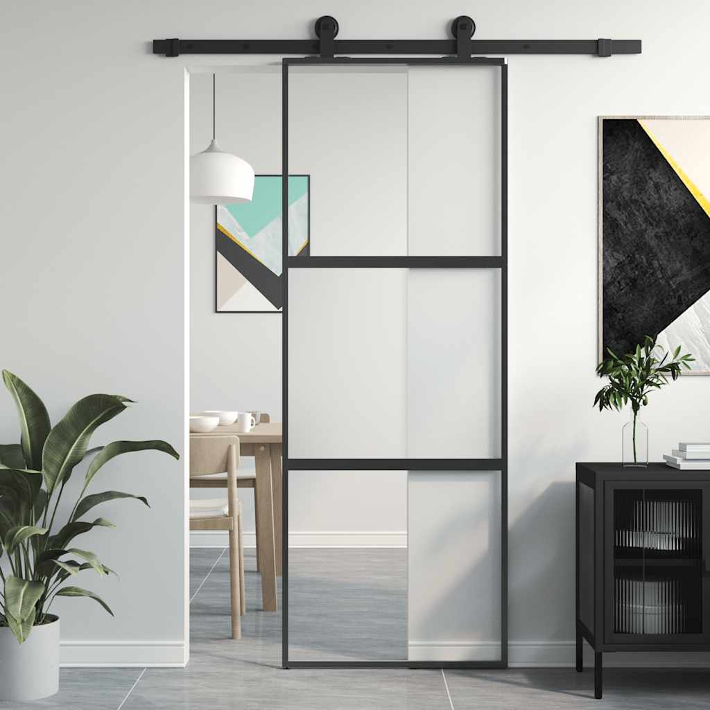 Sliding Door 76x205 cm Clear ESG Glass and Aluminium Black & transparent & matt 2 horizontal bars