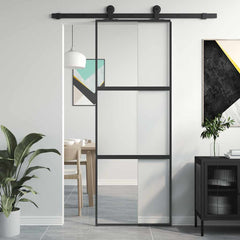 Sliding Door 76x205 cm Clear ESG Glass and Aluminium Black & transparent & matt 2 horizontal bars