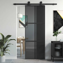 Sliding Door 76x205 cm Clear ESG Glass and Aluminium Black 3x2 grids