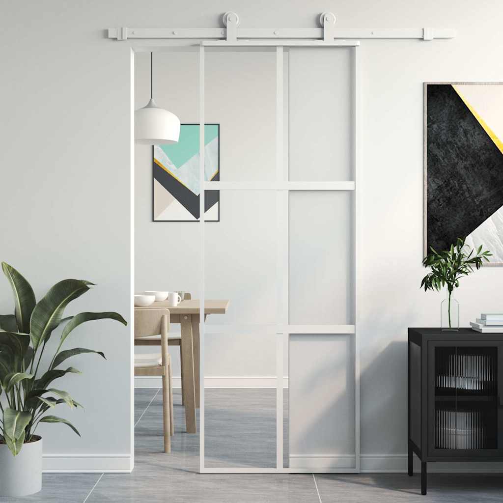Sliding Door 76x205 cm Clear ESG Glass and Aluminium White and transparent 3x2 grids