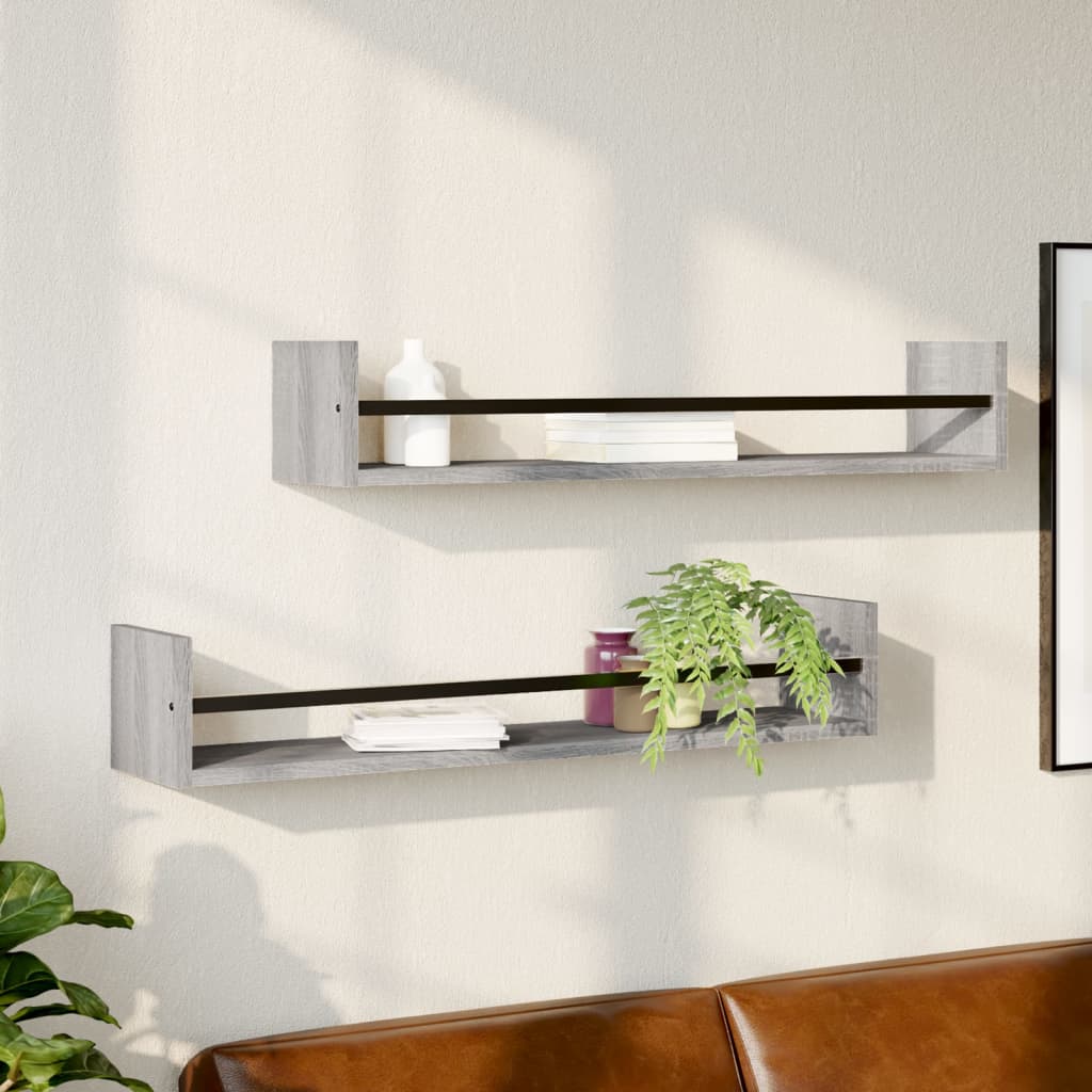 vidaXL Wall Shelves with Bars 2 pcs Grey Sonoma 80x16x14 cm 1