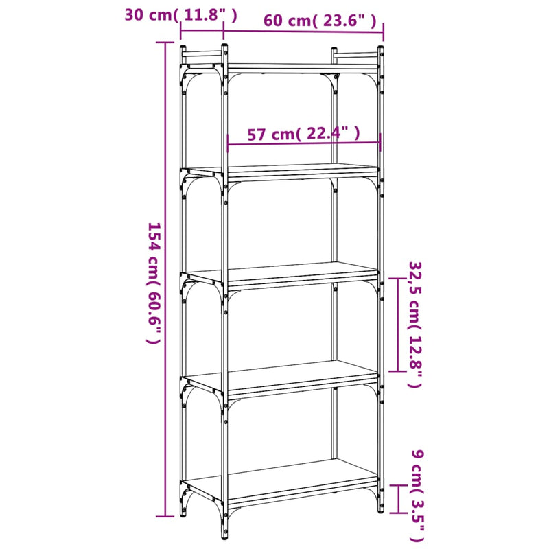 Bookcase 5-Tier Grey Sonoma 60x30x154 cm Engineered Wood