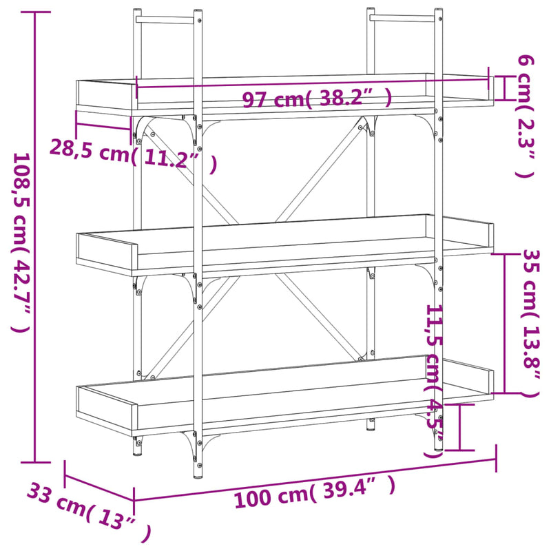 Bookcase 3-Tier Black 100x33x108.5 cm Engineered Wood