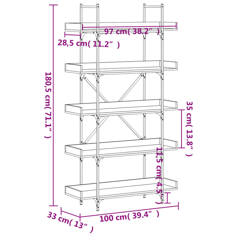 Bookcase 5-Tier Sonoma Oak 100x33x180.5 cm Engineered Wood