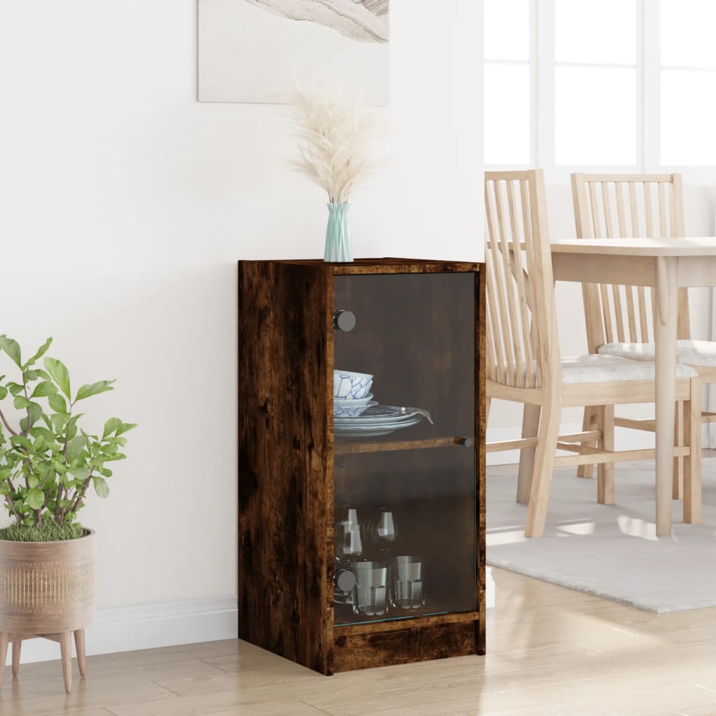 vidaXL Side Cabinet with Glass Doors Smoked Oak 35x37x75.5 cm 3