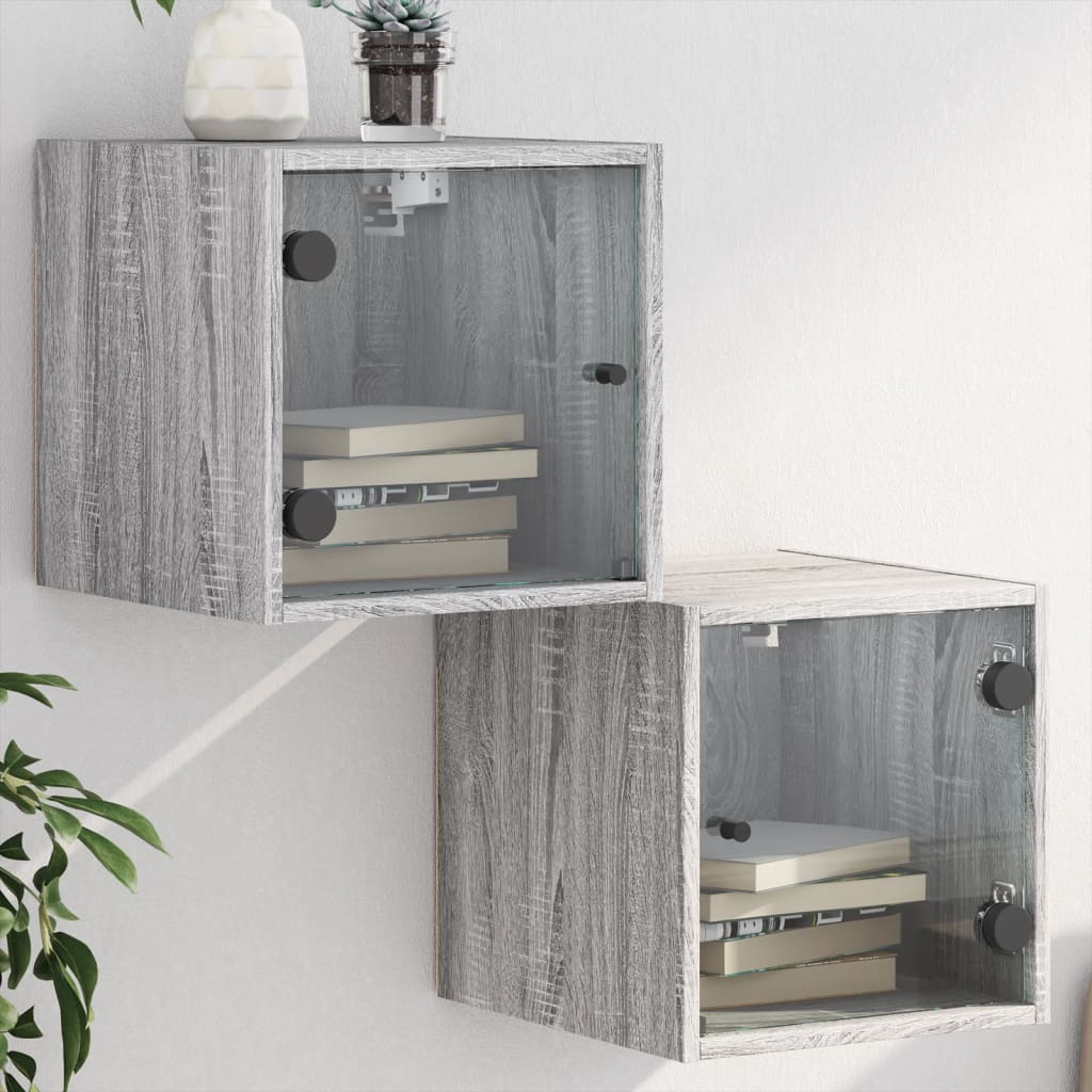 vidaXL Bedside Cabinets with Glass Doors 2 pcs Grey Sonoma 35x37x35 cm 1