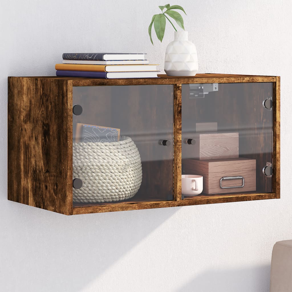 vidaXL Wall Cabinet with Glass Doors Smoked Oak 68.5x37x35 cm 1