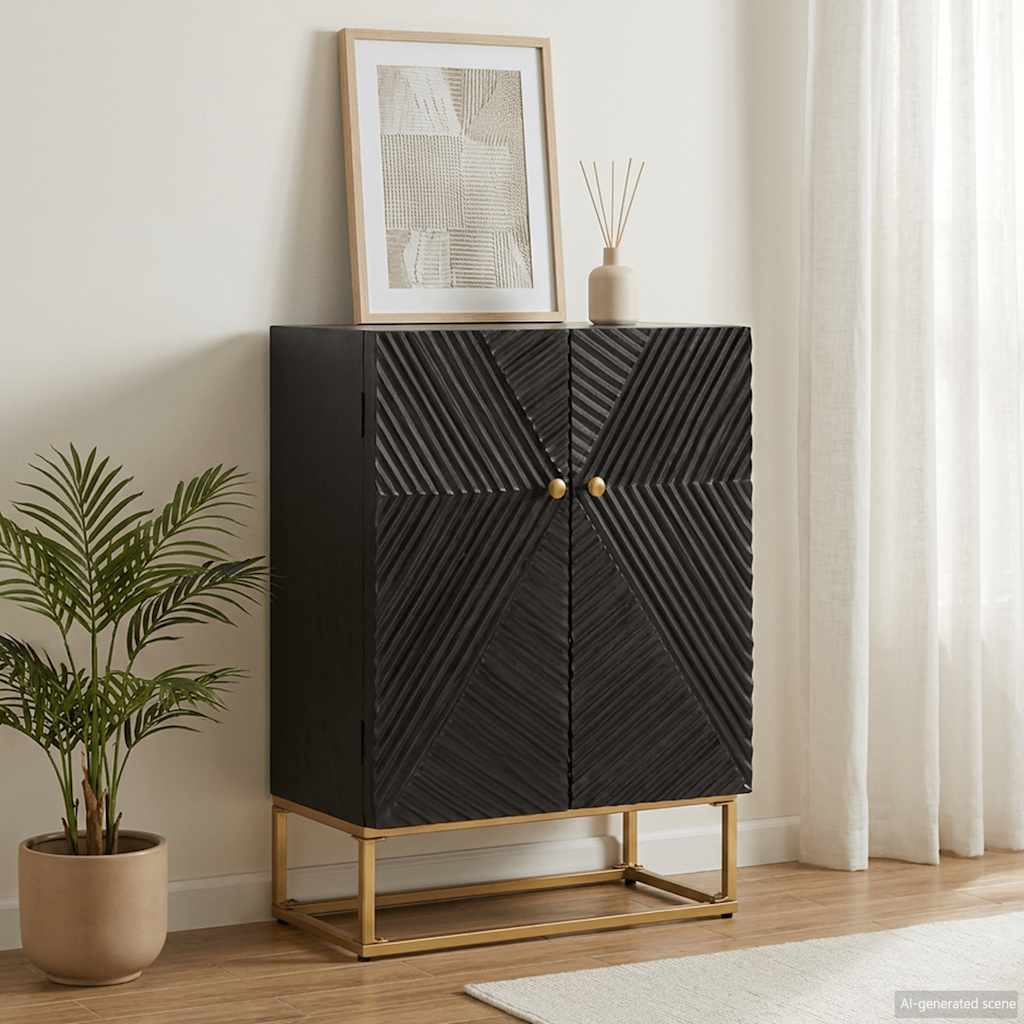 Sideboard Black Solid Wood Mango and Iron With 2 doors
