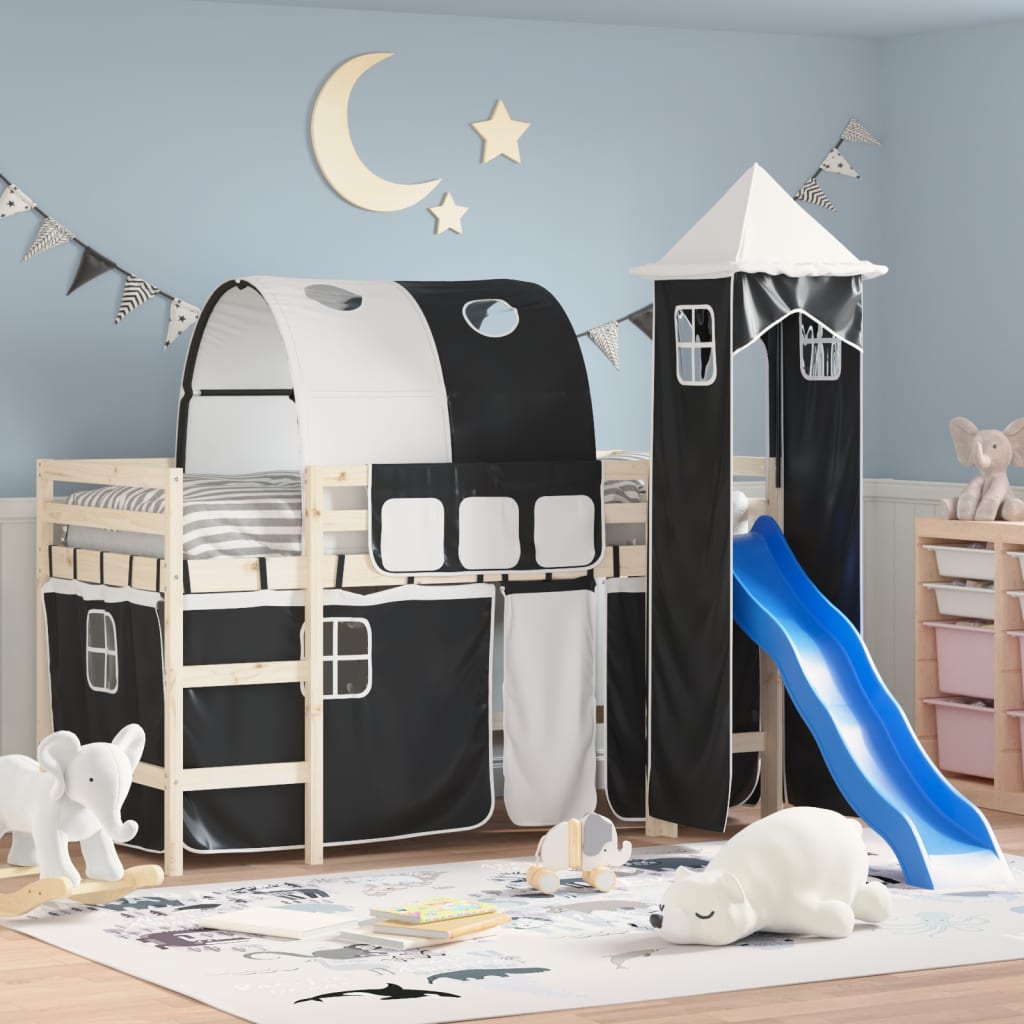 Curtains for Loft Bed with Tunnel and Tower White and black
