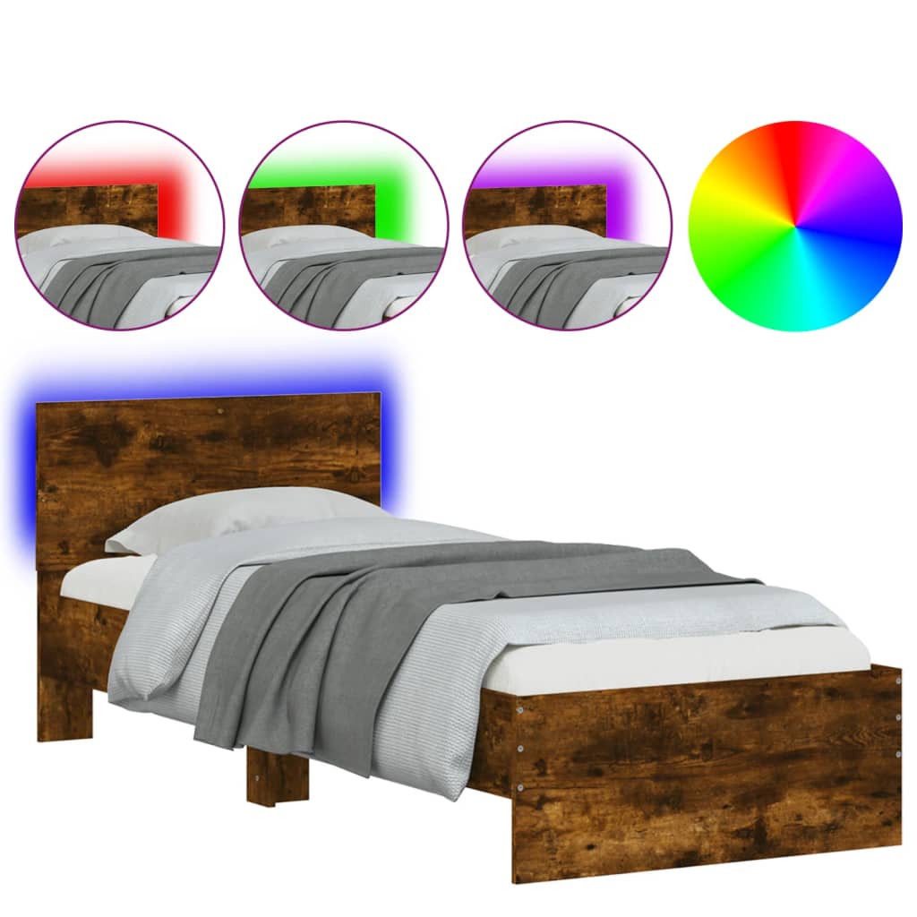 vidaXL Bed Frame without Mattress with LED Lights Smoked Oak 75x190 cm Small Single 2