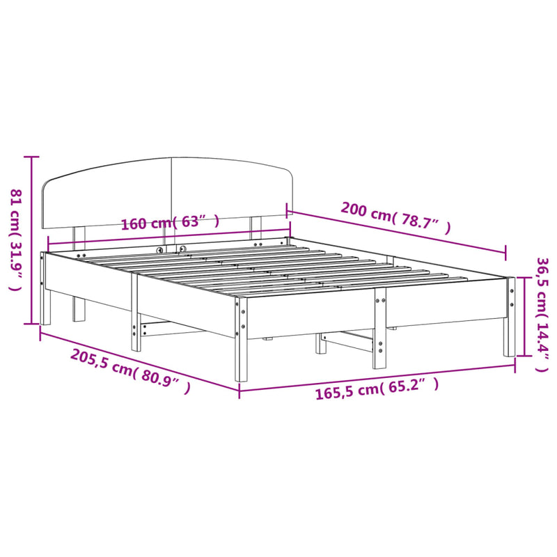 Bed Frame with Headboard 160x200 cm Solid Wood Pine