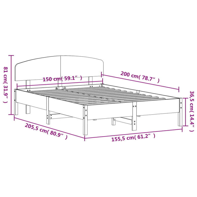 Bed Frame with Headboard 150x200 cm King Size Solid Wood Pine