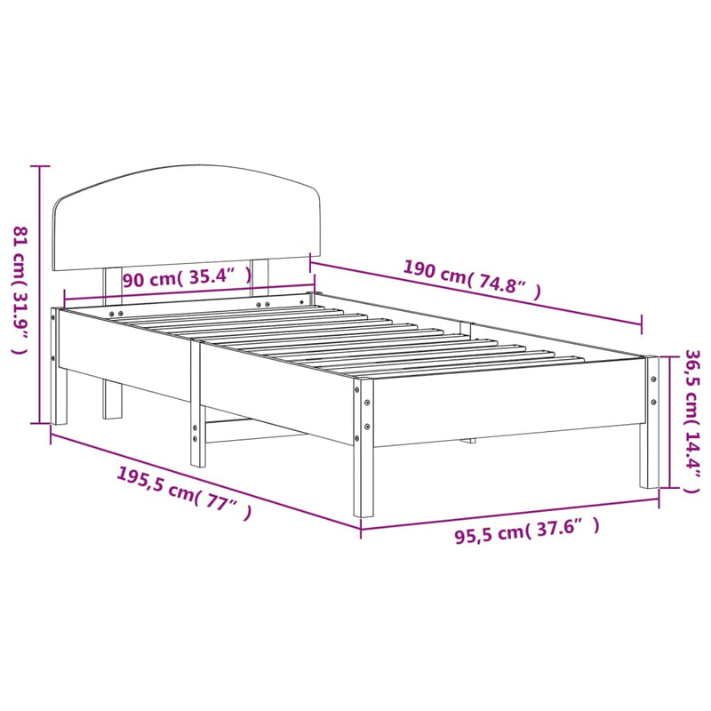 Bed Frame with Headboard 90x190 cm Sinlge Solid Wood Pine