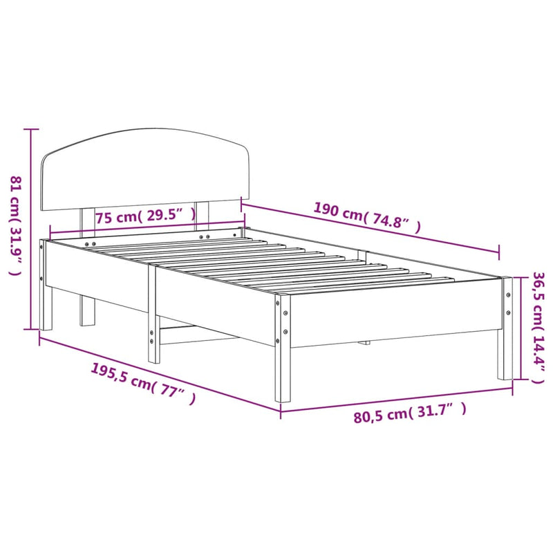 Bed Frame with Headboard 75x190 cm Small Sinlge Solid Wood Pine