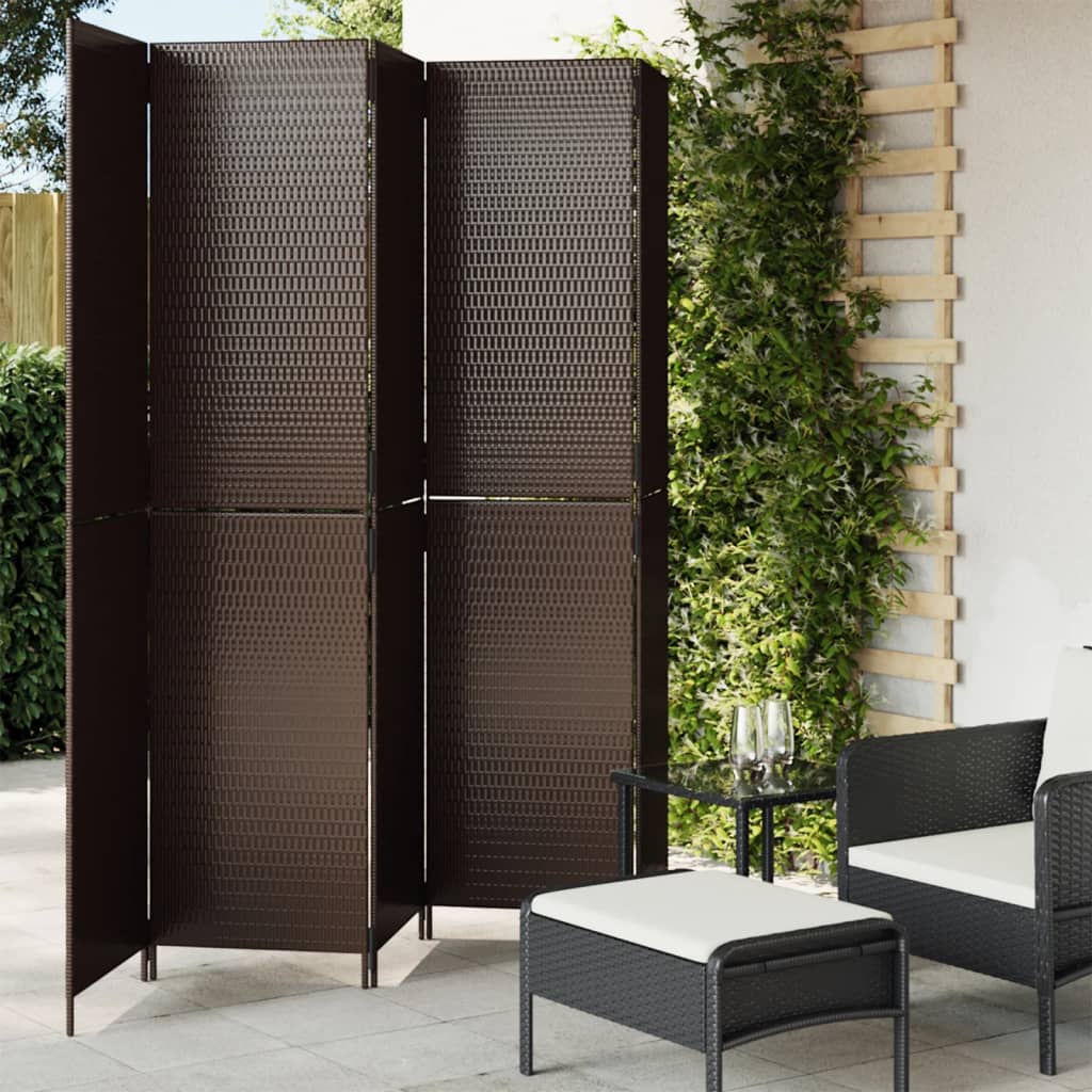 Room Divider 4 Panels Poly Rattan Full Weaving Length 200 cm Brown 245 cm