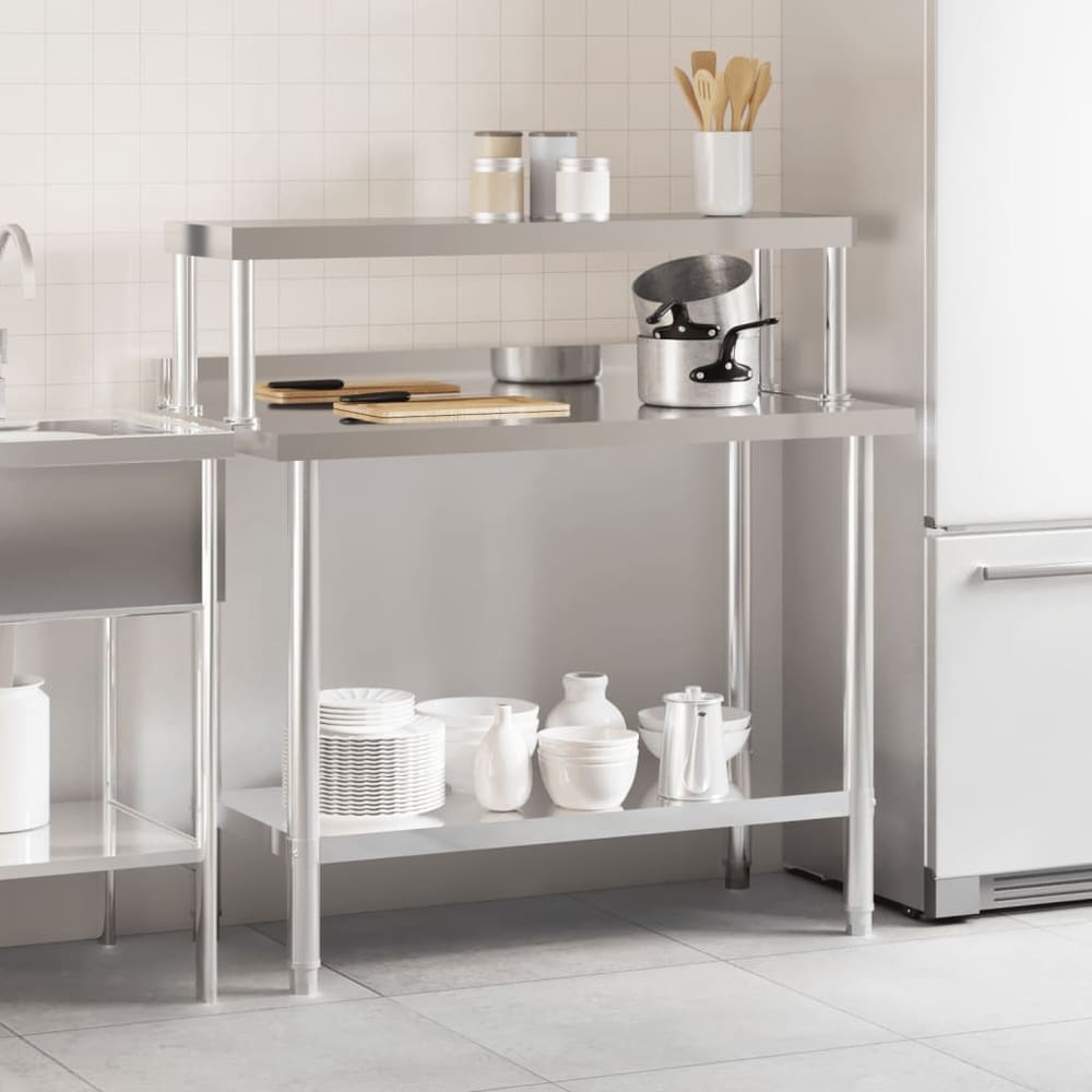 vidaXL Kitchen Work Table with Overshelf 110x55x120 cm Stainless Steel 3