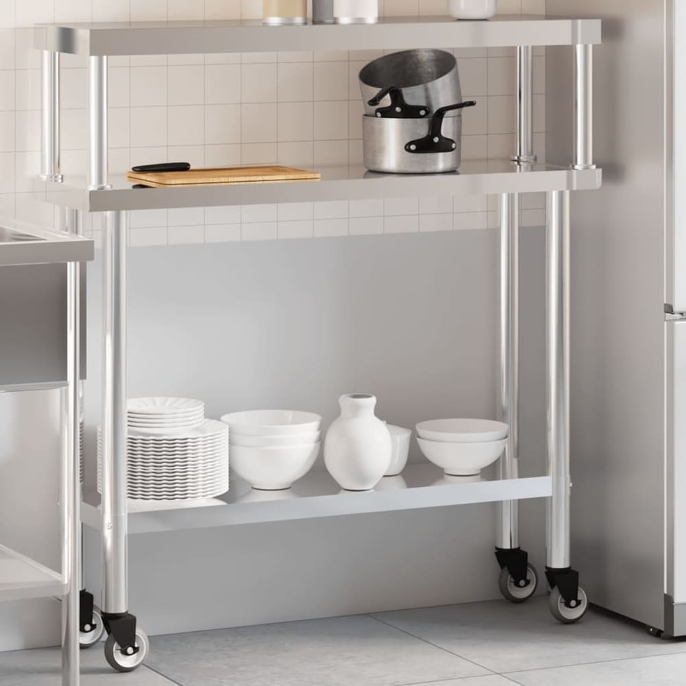 vidaXL Kitchen Work Table with Overshelf 110x30x120 cm Stainless Steel 1