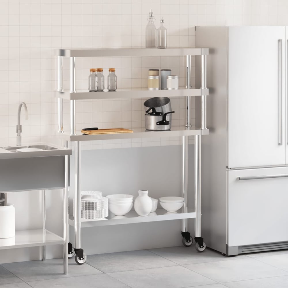 vidaXL Kitchen Work Table with Overshelf 110x30x150 cm Stainless Steel 3
