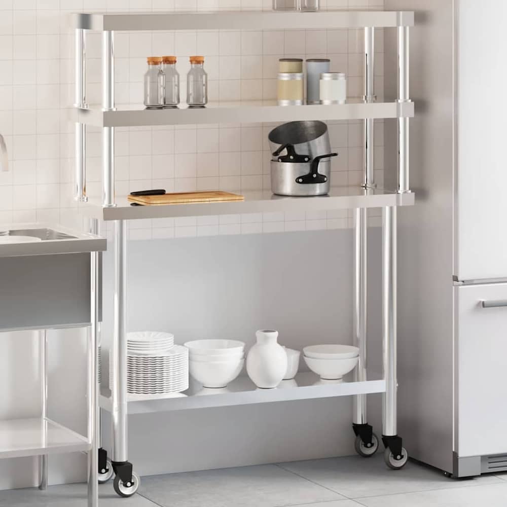 vidaXL Kitchen Work Table with Overshelf 110x30x150 cm Stainless Steel 1